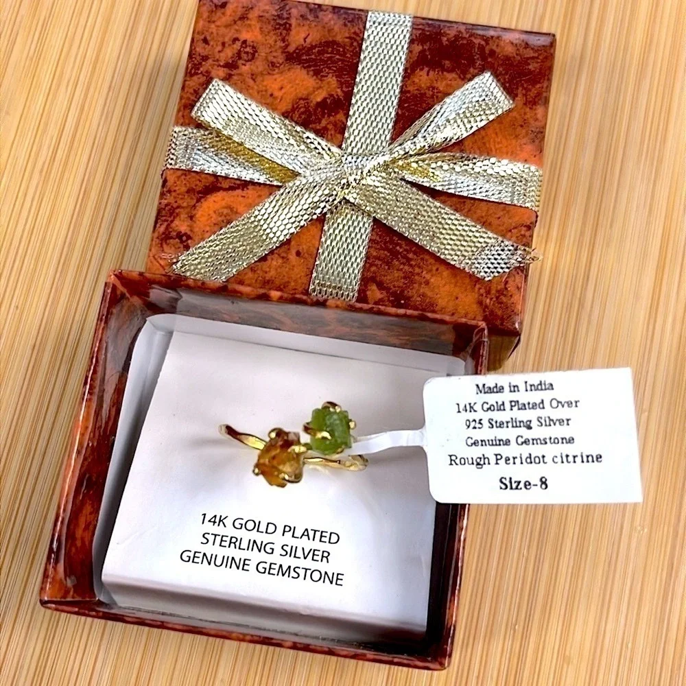 Brand New 14K Gold Plated Sterling Silver Genuine Gemstone Peridot Citrine Ring